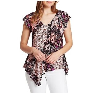 Vintage American Frances Ruffle Printed Top Size Small